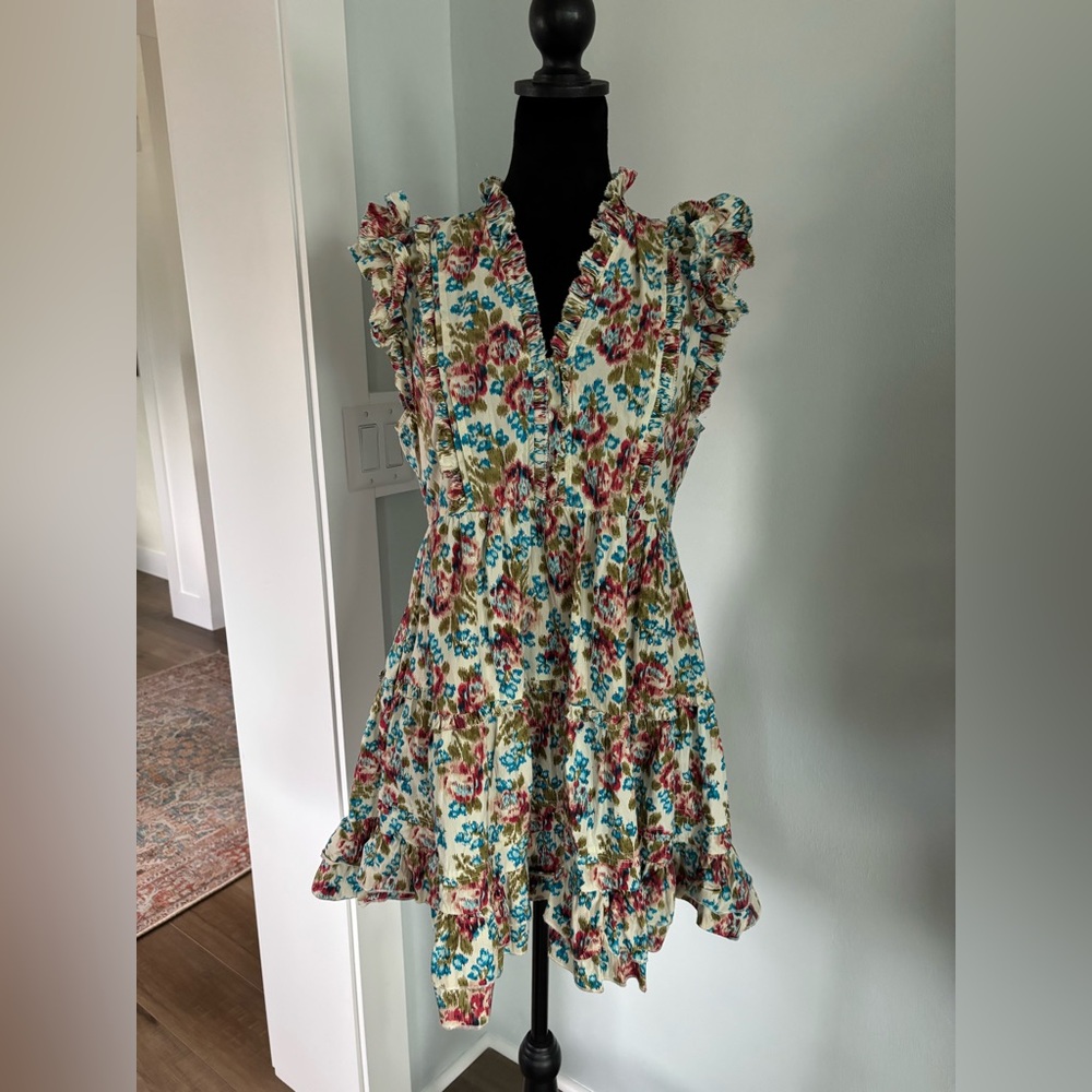 Caroline Constas Floral Ruffle Mini Dress in Cream, Teal & Red
